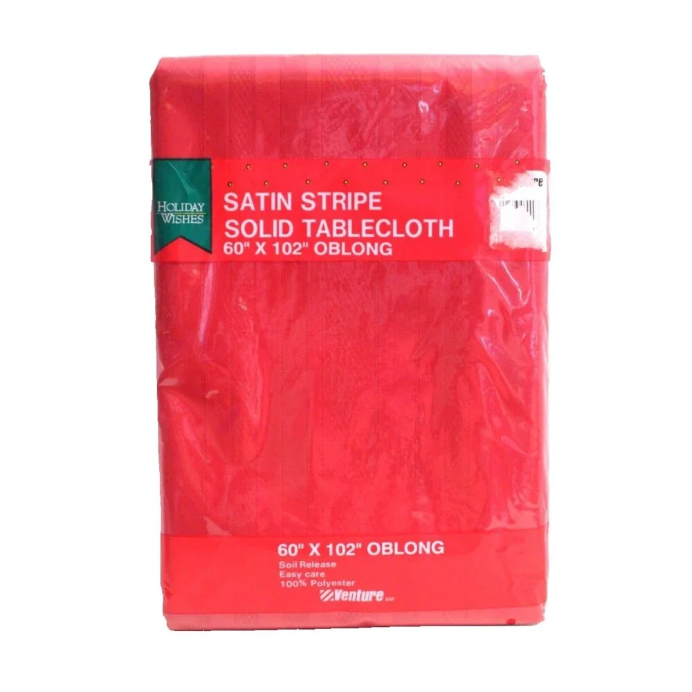 Holiday Wishes Satin Stripe Red Tablecloth W/Soil Release  60 X 102  Oblong NEW